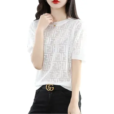 Women White Ice Silk Short Sleeve Sweater Top