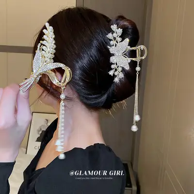 Rhinestone Pearl Tassel Hairpin Clip Gold 11.5cm