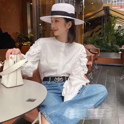 White Ruffled Long Sleeve Women's Shirt 2023