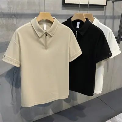 Men's Beige Zipper Polo Shirt Short Sleeve