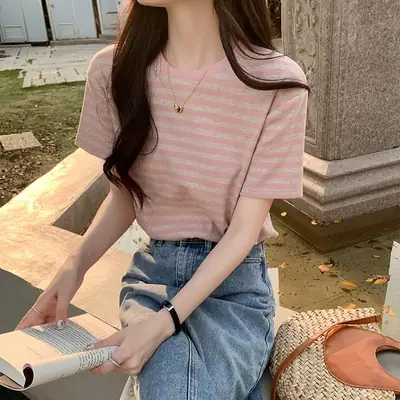 Women Striped Cotton T-Shirt Short Sleeve Loose Fit