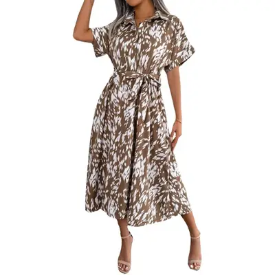 Women's Leopard Print Lace-Up Dress Spring Summer Casual Loose Fit