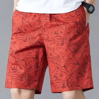 Men Printed Cotton Shorts Red Tropical High Waist