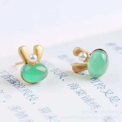 Rabbit Earrings Green Jade Gold Pearl Set