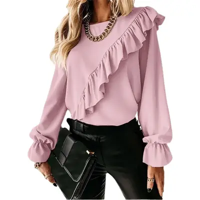 Women's Red Ruffled Long Sleeve Chiffon Shirt
