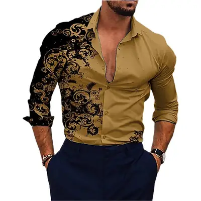 Men's Red Black Embroidered Long Sleeve Shirt