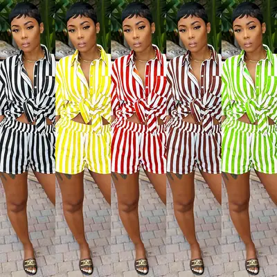 Green Striped Women's 2-Piece Summer Suit Loose Fit