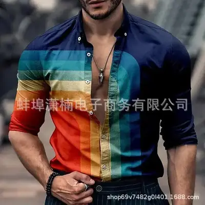 2023 Men's 3D Printed Long Sleeve Shirt Blue Orange