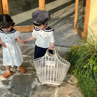 Brother & Sister Navy Collar Shorts Suit Summer Kids