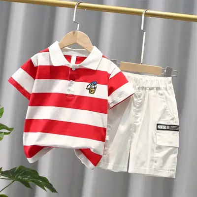 Children Striped Polo Shirt & Black Shorts Set