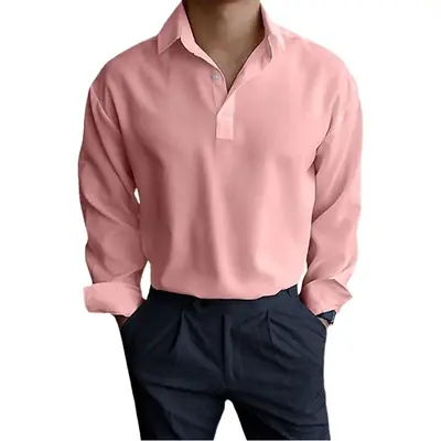 Men's Pink Lapel Popper Shirt Long Sleeve