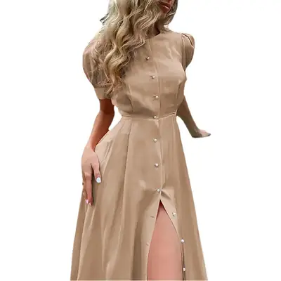 2024 Summer Turquoise Button Midi Dress with High Waist