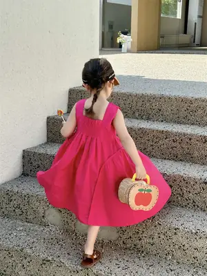 Girls Korean Kidsren Sleeveless Dress Pink Medium Small