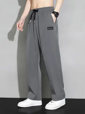 Men Ice Silk Straight Pants Grey Wide Leg Summer
