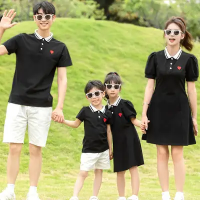 Family 3-Person Black Polo Dress Summer Outfit