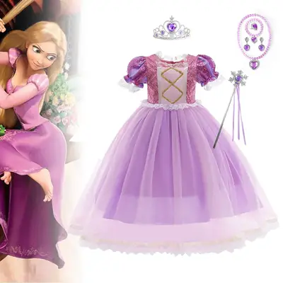 Purple Crossbody Rapunzel Dress for Girls with Crown & Gloves