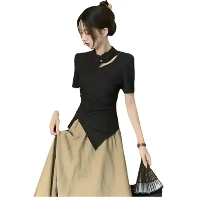 Women New Chinoiserie Jacquard T-Shirt Black Summer 2025