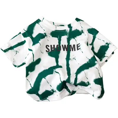2025 Kids Tie-Dye Short Sleeve T-Shirt Green Brown White