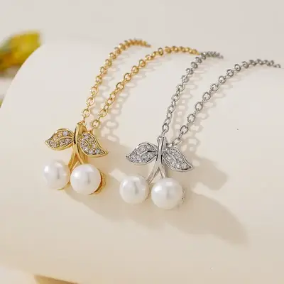 Pearl Double Bead Pendant with Zircon Cherry Design