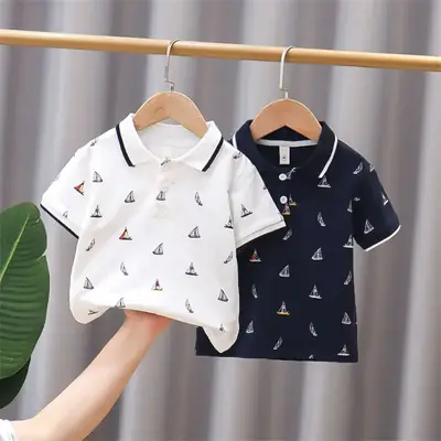 Kids Navy Sailboat Polo Shirt Short Sleeve