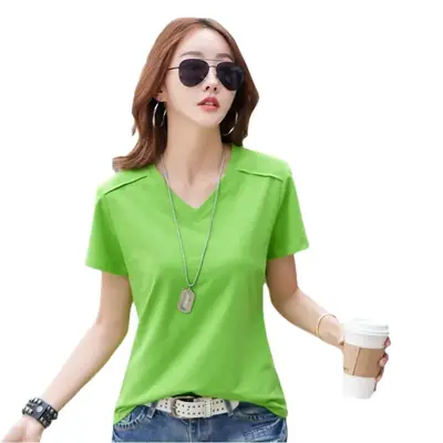 Women 2023 Red Cotton V-Neck T-Shirt Loose Fit