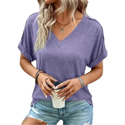 2023 Women's Blue V-Neck T-Shirt Short Sleeve