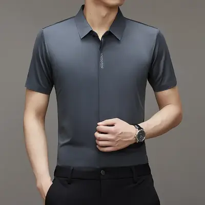Men Navy Blue Short Sleeve Business Shirt with High Elastic