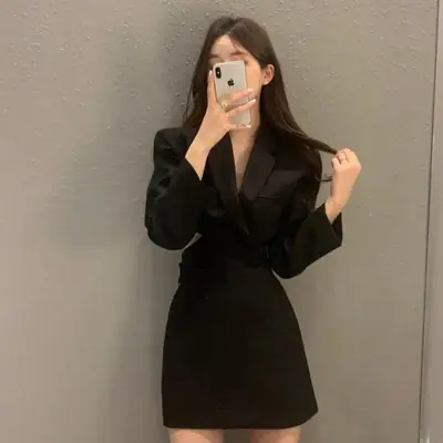 Korean Chic Cross-Waisted Suit Top & Skirt Set for Women