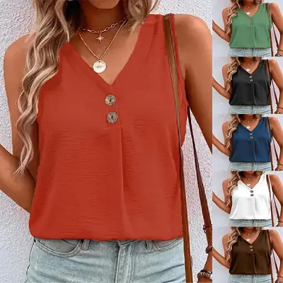 Women Black Button V-Neck Sleeveless Camisole Top