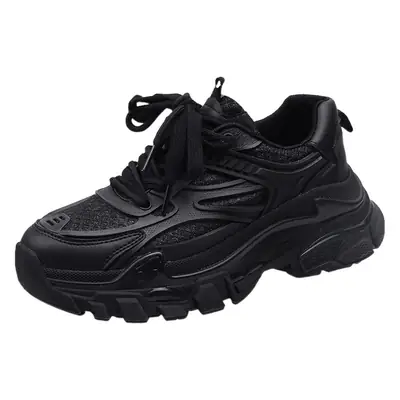 Black Korean Style Thick Lace-up Shoes for Women 2023