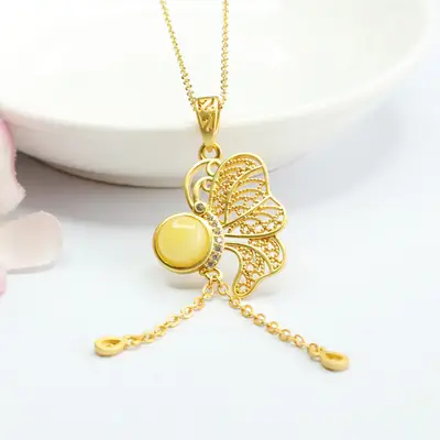 Gold Butterfly Necklace with Yellow Amber Pendant for Women