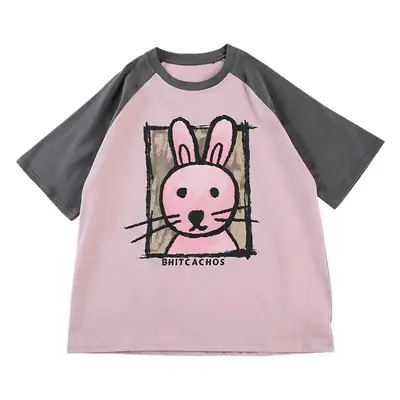 Girls Cotton Rabbit Print T-Shirt Pink Grey Medium to XL