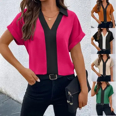 Women V-Neck Raglan Sleeve Shirt Orange Black Summer Top