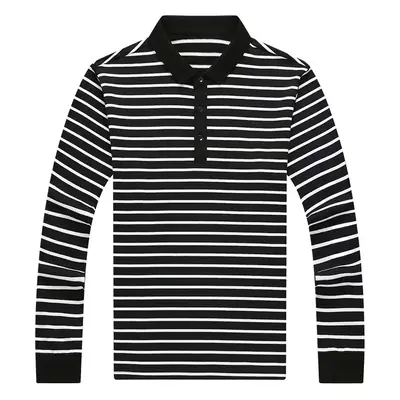 Men Striped Polo Shirt White Black Long Sleeve