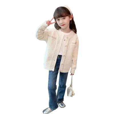 Girls Cream Knitted Cardigan Sweater Spring Autumn