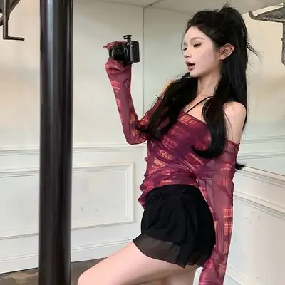 Hot girl Elastic Mesh Top Women 2023 Summer Slim Off-Shoulder