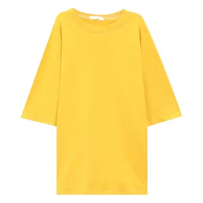 Women Loose Midi Top Yellow Round Neck Short Sleeve