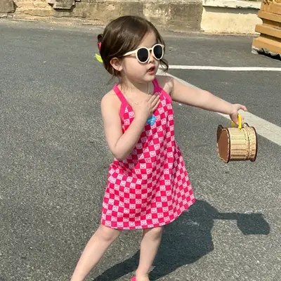 Girls Pink Checkered Sleeveless Skirt 2025 Summer