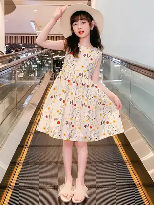 Girls Floral Cotton Dress Belt Waist Summer Dress