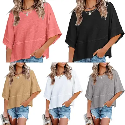 Women Casual Loose Trumpet T-Shirt Tan Cotton