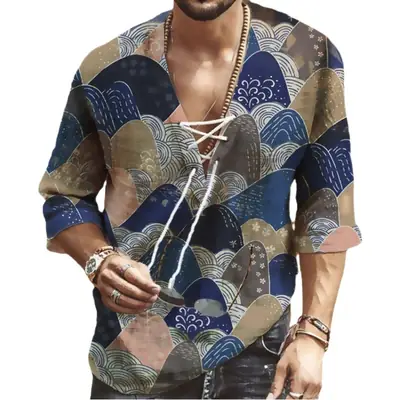 Men Digital Printed V Neck Lace-Up T-Shirt Blue Brown