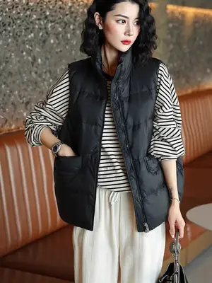 Women's Duck Down Puffer Vest Beige Winter Warm
