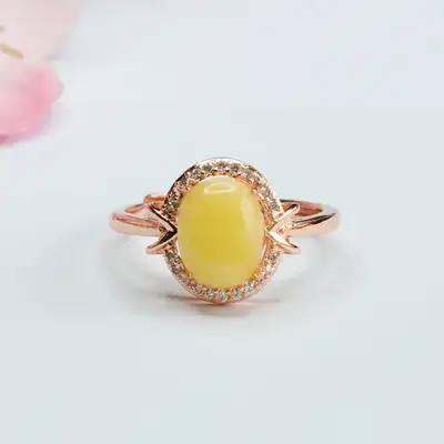 Yellow Honey White Nectar Amber Ring with Diamond Set
