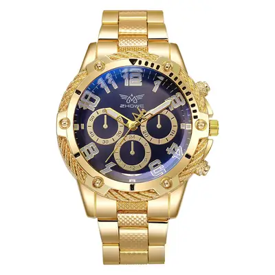 Men's Gold Chronograph Watch with Blue Dial & 3 Eyes