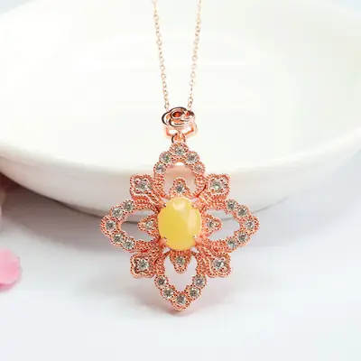 Rose Gold Yellow Amber Four Leaf Flower Necklace