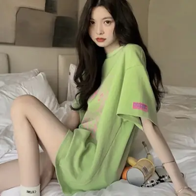 2025 Green Loose Sleeve T-Shirt Women Slim Fit Cotton