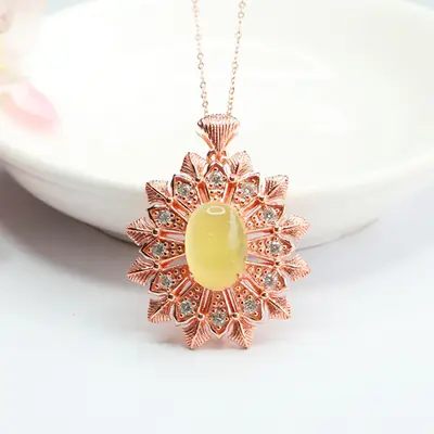 Natural Amber Pendant Gold Necklace with Crystal Accents