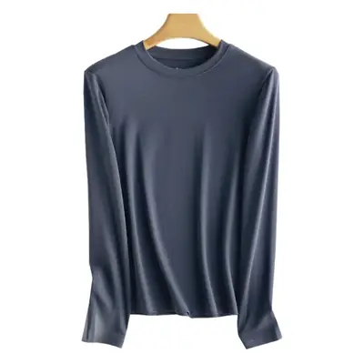 Women Long Sleeve Cotton T-Shirt Grey Round Neck