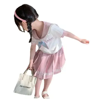 Girls Pink Pleated Skirt Two-Piece Summer Suit
