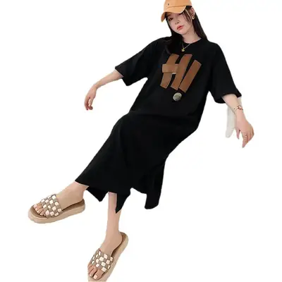 Women's Black Hand Print Long Sleeve Dress Large
